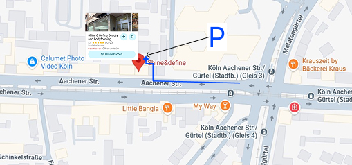 Anfahrt und Einfahrt zu den Kundenparkplätzen hinter dem Studio